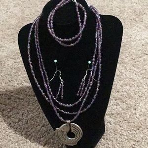 ⭐️ Handmade Holographic Purple Bead/Brass Fish Necklace Set - 18”